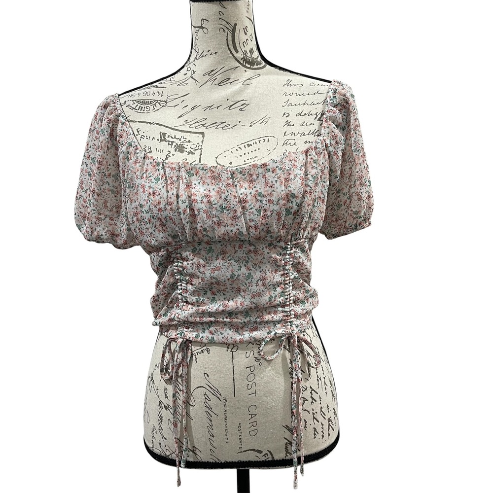 Active USA‎ Floral Crop Top Pink Green Ruched Puff Sleeve Cottagecore Romantic